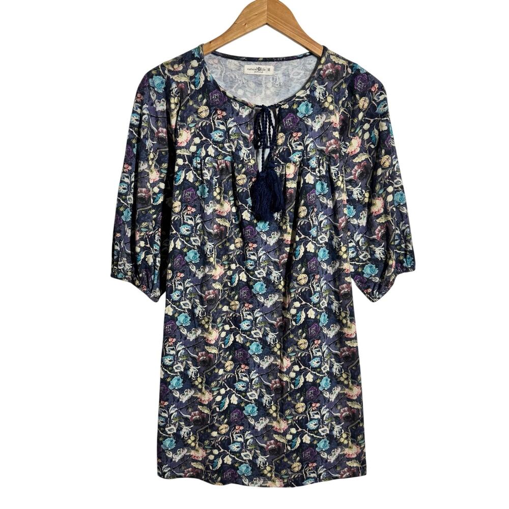 Natural Life Boho Dark Romantic Cottage Folk Floral Mini Dress M Casual Tassel